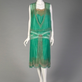 American, ca. 1925-1926. Green silk chiffon, lace, beaded silk satin, pearl and diamond embroidery.